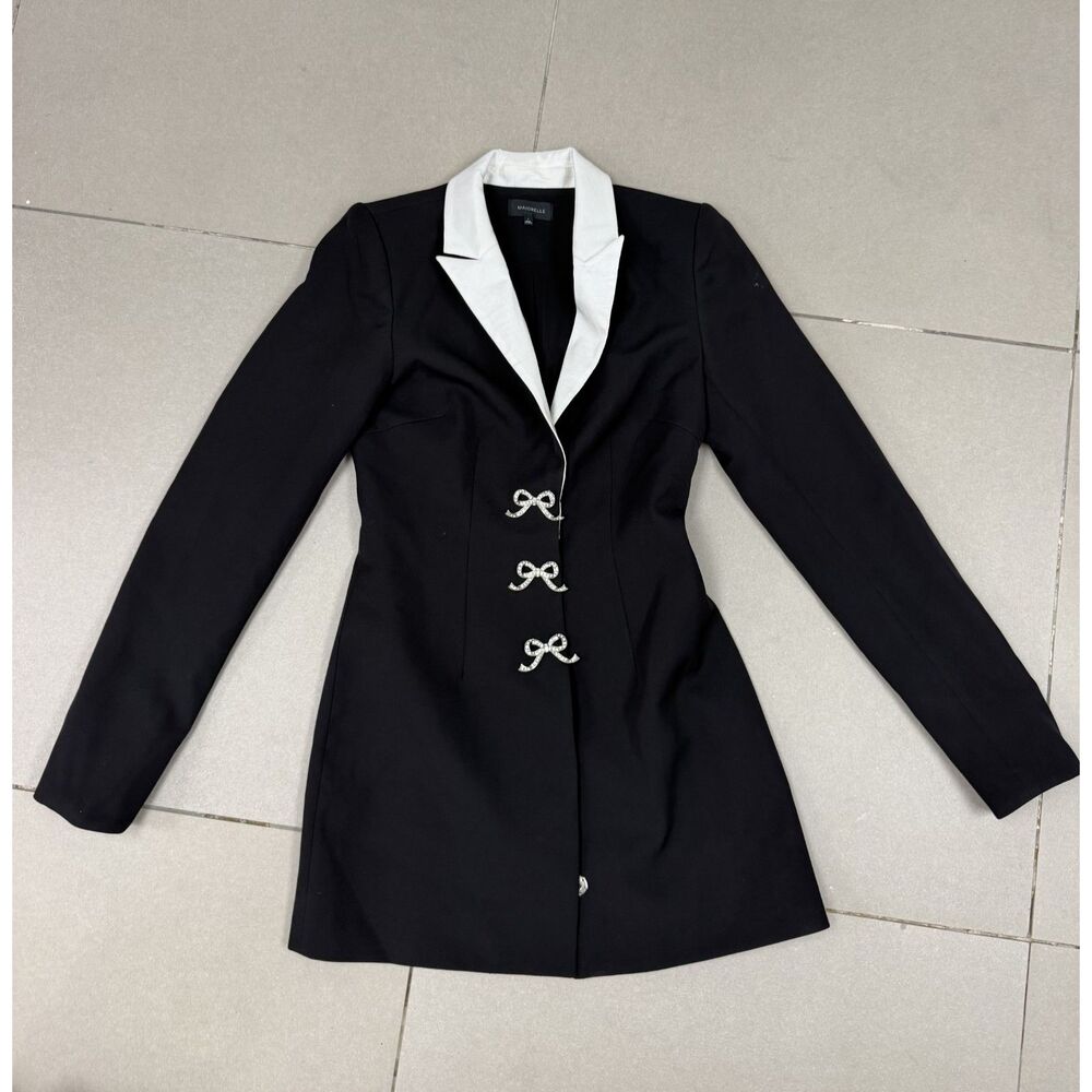 MAJORELLE Avori Black White Crystal Bow Blazer Mini Dress S
